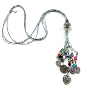Vintage Silver -Tone Multi Charm Cord Necklace with Multicolor Beads